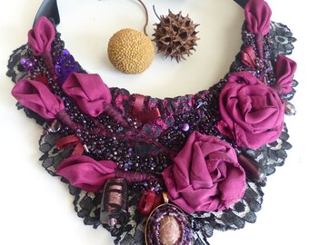 Floral bib necklace, hand stitched, bohemian style, fiber art, silk roses, bead embroidery, Vintage tales IX