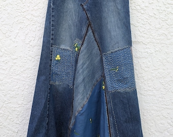 Long jean skirt, upcycled denim, maxi skirt, altered American Eagle brand, re-worked denim, patchwork jeans, distressed and frayed, tattered