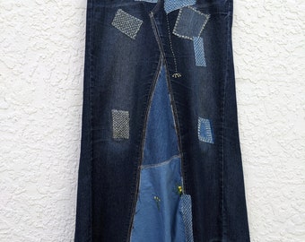 Upcycled Denim Maxi Skirt: Patchwork Jeans, Distressed Tattered Edges size L