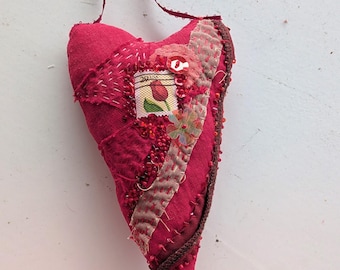Beaded Fiber Art Heart: Hand-Stitched Fabric Collage, Whimsical Home Decor
