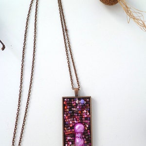 Purple necklace, Purple melange, antique copper bezel pendant, bead embroidery, statement pendant, copper chain image 2