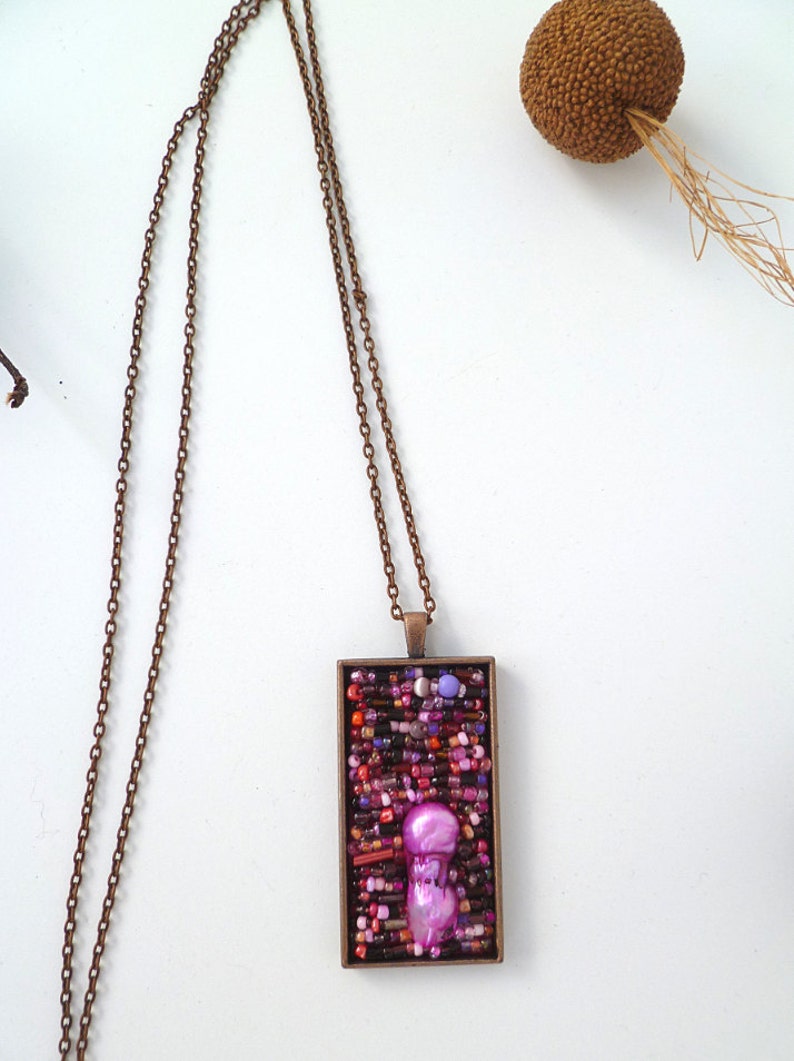 Purple necklace, Purple melange, antique copper bezel pendant, bead embroidery, statement pendant, copper chain image 2