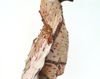 Bird sculpture, fiber art, bead embroidery, hand stitched, collectible, home decor, eco-friendly, Diandra