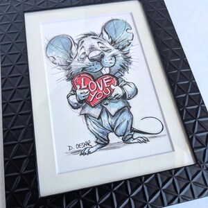 A mouse holding a heart, original illustration, unique, home decor, original drawing, mantel art