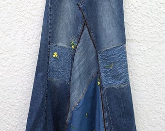 Upcycled Denim Maxi Skirt: Altered American Eagle Patchwork Jeans size M