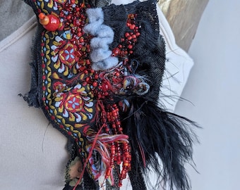 Fiber Art Brooch: Hand-Stitched Upcycled Textile & Bead Pin