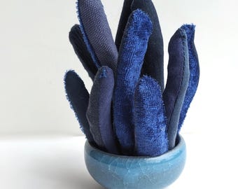 Blue Fabric Mini Plant in Ceramic Vessel - Unique Textile Art Decor