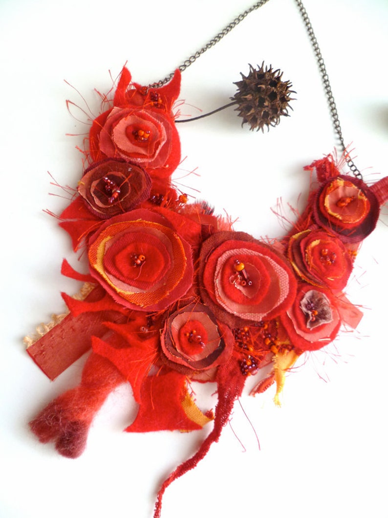 Morning beauty XVI romantic bohemian style one of a kind featured in Belle Armoire Jewelry Magazine Fiber art red bib necklace
