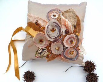 Wedding ring pillow, fiber art, fabric collage, bead embroidery, shabby chic, bohemian, floral, wedding decor