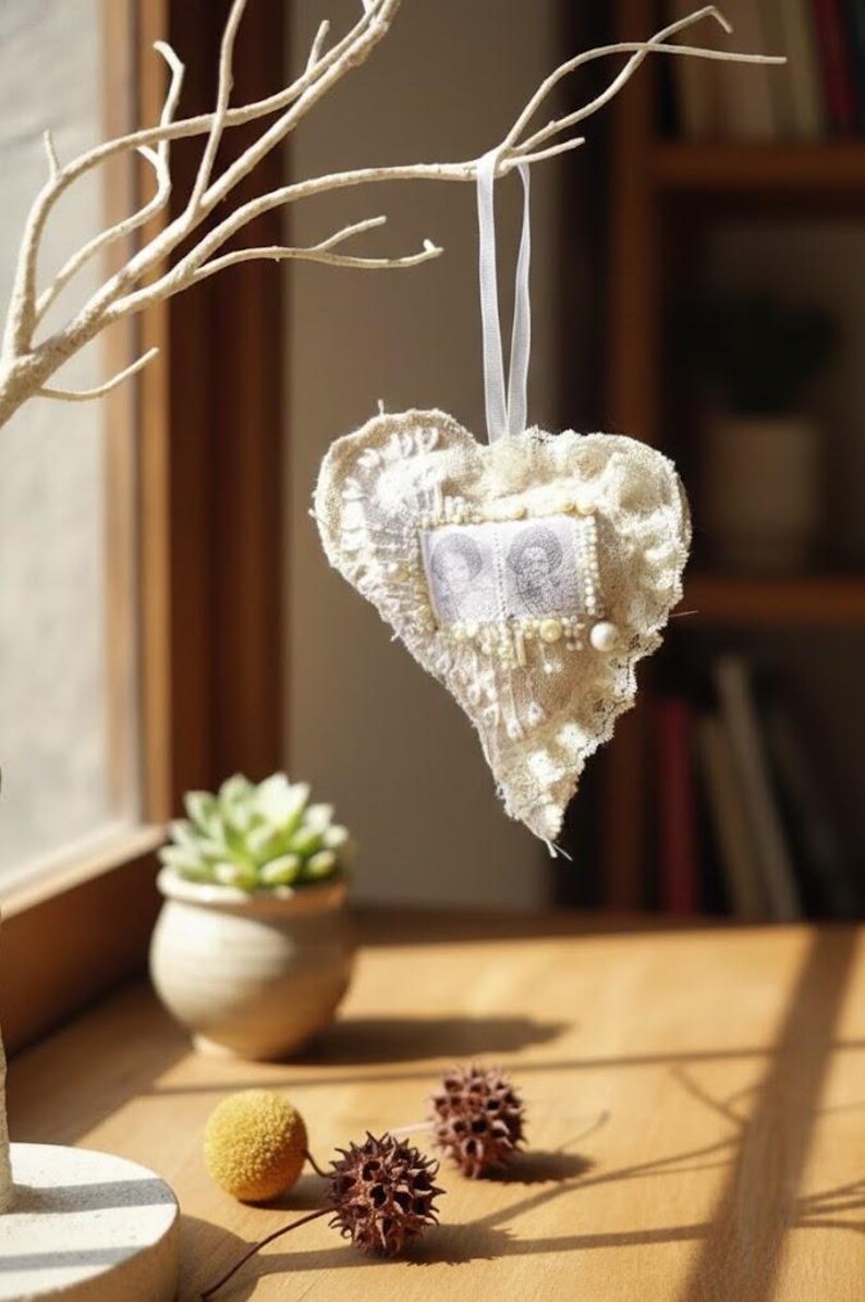 Hand Stitched Heart Ornament: Fiber Art with Netherland Stamp image 3
