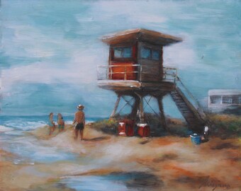 Beach painting, Original acrylic painting, Red lifeguard tower, hardboard, home decor, one of a kind, collectible art