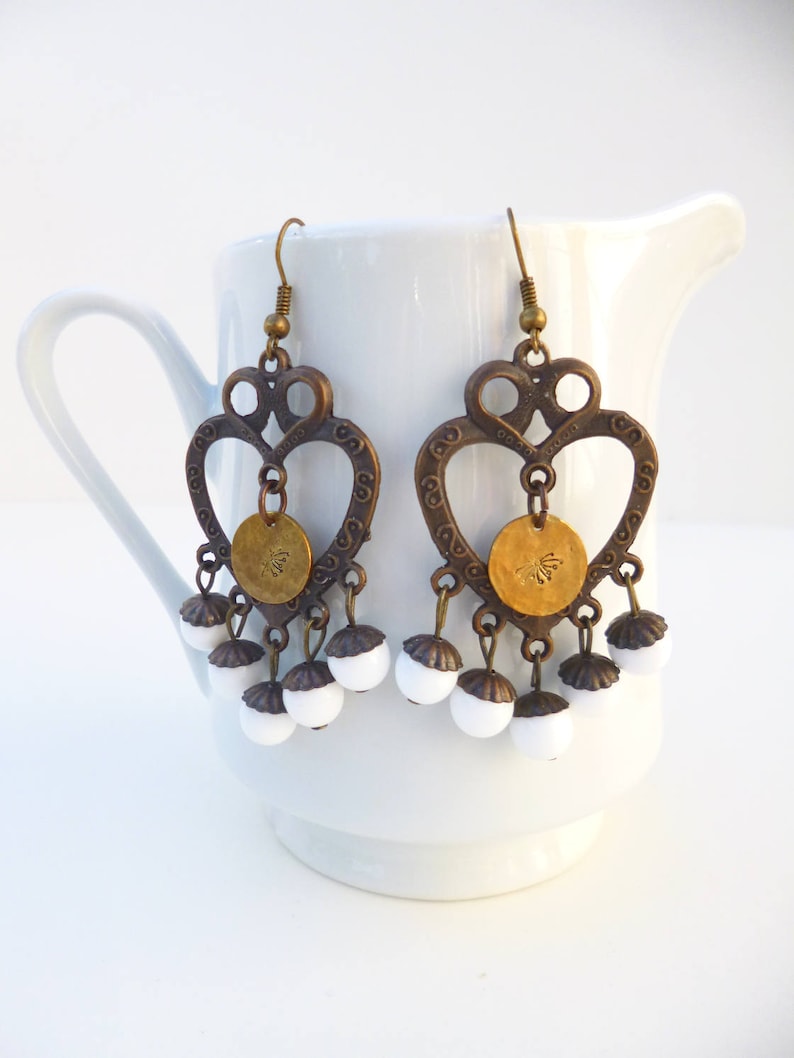 one of a kind Dandelion stamped white copper chandelier earrings bohemian style statement jewelry fashion trendy