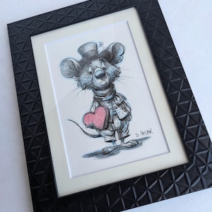 A mouse holding a heart, original illustration, unique, home decor, original drawing, mantel art