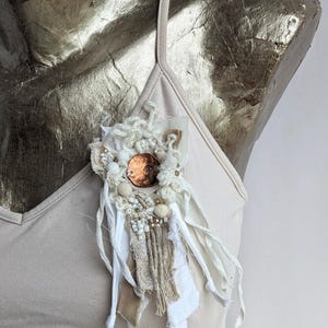 Hand-Stitched Boho Brooch: Upcycled Textile Fiber Art Corsage