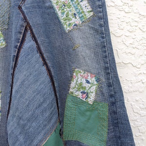 Long jean skirt, upcycled denim, maxi skirt, altered South Pole brand, re-worked denim, patchwork jeans, distressed and frayed, tattered image 4