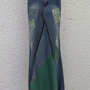 Long jean skirt, upcycled denim, maxi skirt, altered South Pole brand, re-worked denim, patchwork jeans, distressed and frayed, tattered image 7