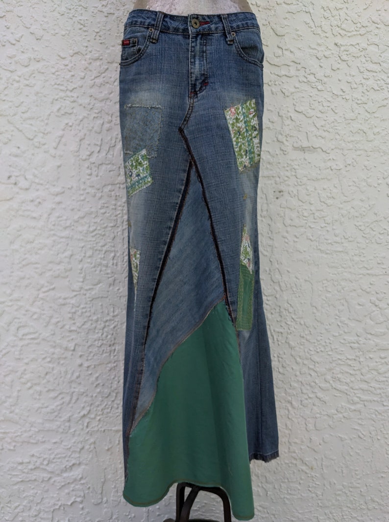 Long jean skirt, upcycled denim, maxi skirt, altered South Pole brand, re-worked denim, patchwork jeans, distressed and frayed, tattered image 7