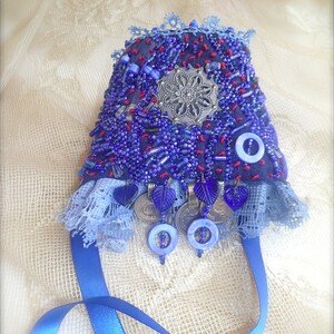 Blue Beaded Embroidery Cuff - Boho Tales XIV: Hand-Stitched Bohemian Textile Bracelet