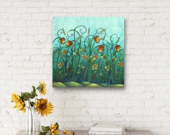 May include: A painting of a field of orange flowers with green stems and leaves against a blue and green background.