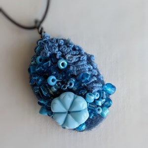 Felted beaded necklace, blue felt, pebble pendant, bead embroidery, hand stitched, unique jewelry, Blue pebble image 2