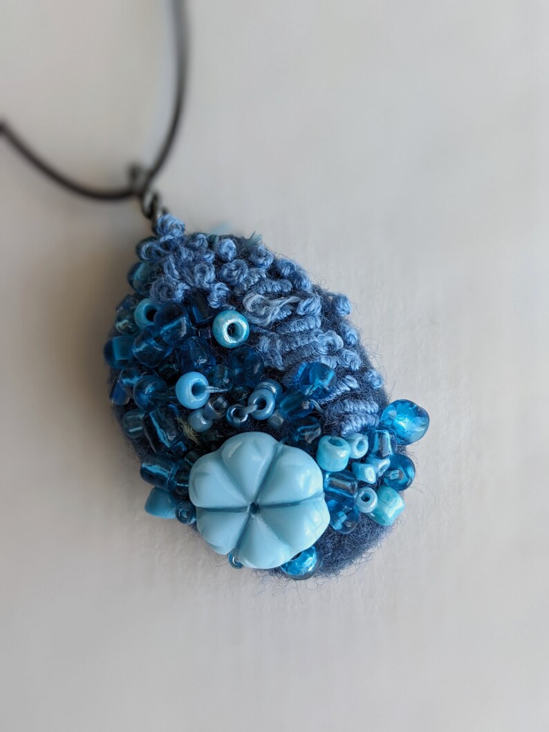 Felted beaded necklace, blue felt, pebble pendant, bead embroidery, hand stitched, unique jewelry, Blue pebble image 2