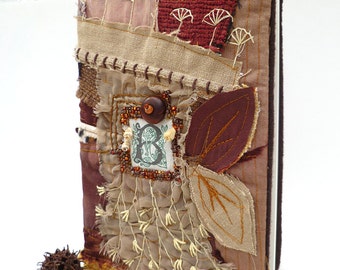 Collage journal, sketchbook, fiber art, free style bead embroidery, fabric collage, textile art, up cycled, fantasy, Enchanting fall