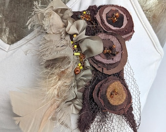 Floral Fiber Art Brooch: Hand-Stitched Bead Embroidery Corsage