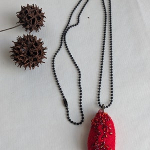 Felted beaded necklace, pebble pendant, bead embroidery, hand stitched, unique jewelry, Red pebble image 5