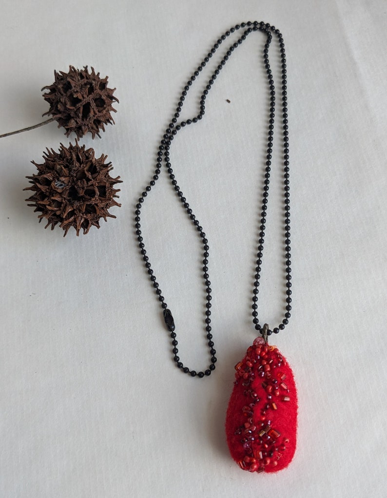 Felted beaded necklace, pebble pendant, bead embroidery, hand stitched, unique jewelry, Red pebble image 5