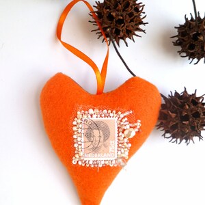 Orange heart, felt ornament, home decor, felt heart, bead embroidery, textile art, one of a kind, unique, decorative, Queen Beatrix image 4