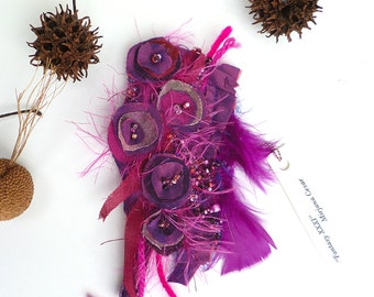 Purple brooch, bead embroidery, wearable art, fiber art, pin, fabric collage, bohemian style, romantic, textile art, Fantasy XXXI