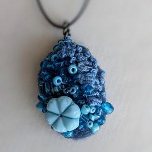 Felted beaded necklace, blue felt, pebble pendant, bead embroidery, hand stitched, unique jewelry, Blue pebble image 3