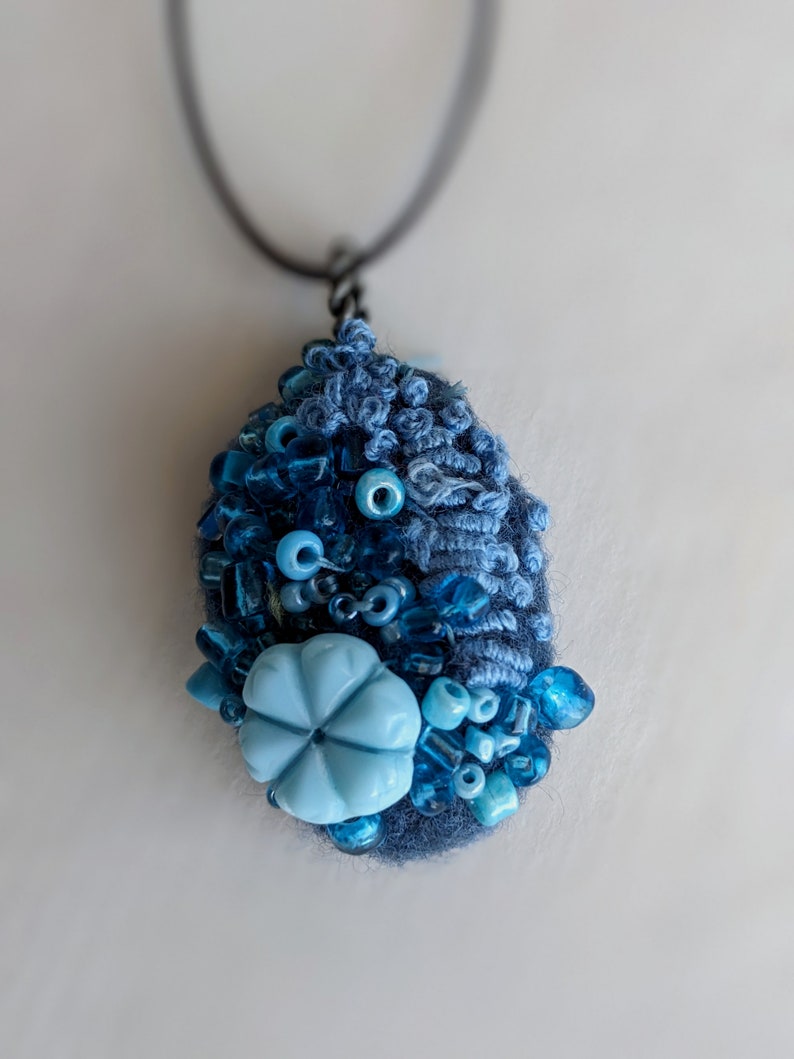 Felted beaded necklace, blue felt, pebble pendant, bead embroidery, hand stitched, unique jewelry, Blue pebble image 3