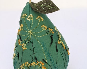 Embroidered Pear, Decorative Pear, Green, Embroidered, Pincushion, Felt Leaf, home decor, mantel decor