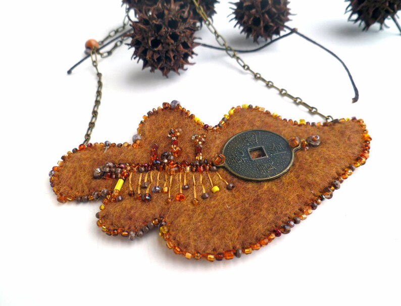 hand stitched romantic jewelry Felt necklace oak leaf bead embroidery Quercus VI statement necklace fiber art bohemian style