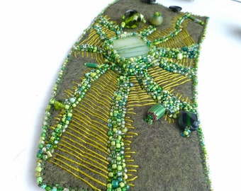 Cuff green felt, fiber art, bead embroidery, hand stitched, bohemian, statement jewelry, glass cabochon, Fragments in green VI