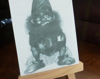 ACEO print, Original illustration, Sitting gnome, matte print, 3.5 x 2.5, home decor, collectible, fantasy art, textured paper