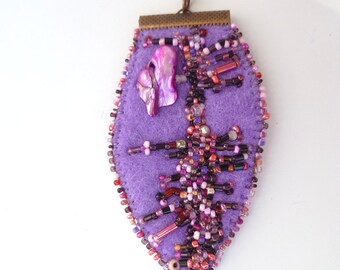 Purple necklace, bead embroidery, felt pendant, fiber art, lavender color, boho style, copper chain, Leaf IV