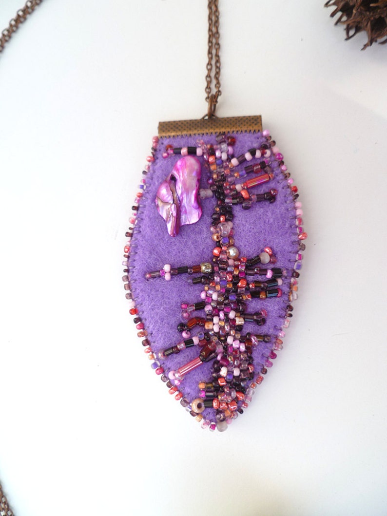 Purple Bead Embroidery Felt Pendant Necklace Fiber Art Etsy