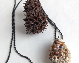 Felted Beaded Pebble Necklace | Unique Bead Embroidery Statement Pendant