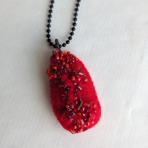 Felted beaded necklace, pebble pendant, bead embroidery, hand stitched, unique jewelry, Red pebble image 3