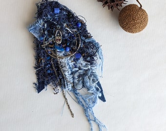 Brooch, up-cycled denim, bohemian style, hand stitched, statement jewelry, pin-on corsage, textile art, romantic pin, Fragments V