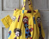 Sassy shoulder bag handmade whimsical quirky tote light weight yellow canvas lined bag with pocket flip flop design shopping bag market tote