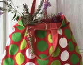 Handmade  fabric bag HANDBAG polka dots red green and white with recycled red lining market tote shopping bag grocery bag say no to plastic