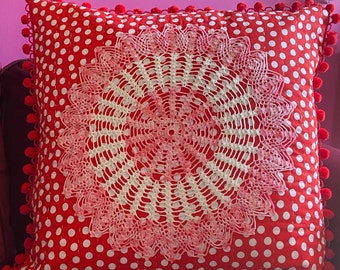 XL decorative pillow cover made with vintage doilies polka dot recycled fabric polka dot scraps vintage buttons hand made fiber art upcycled