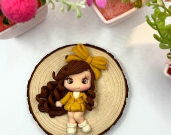 Handmade Clay Doll with Yellow Outfit and Bow – Whimsical Character Art