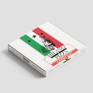 Könnte beinhalten: Ein weißer Pizzakarton mit einem rot-weiß-grünen italienischen Flaggen-Design. Auf dem Karton steht "Milano Pizza Carry Out". Ein Cartoon-Koch wirft eine Pizza in die Luft.