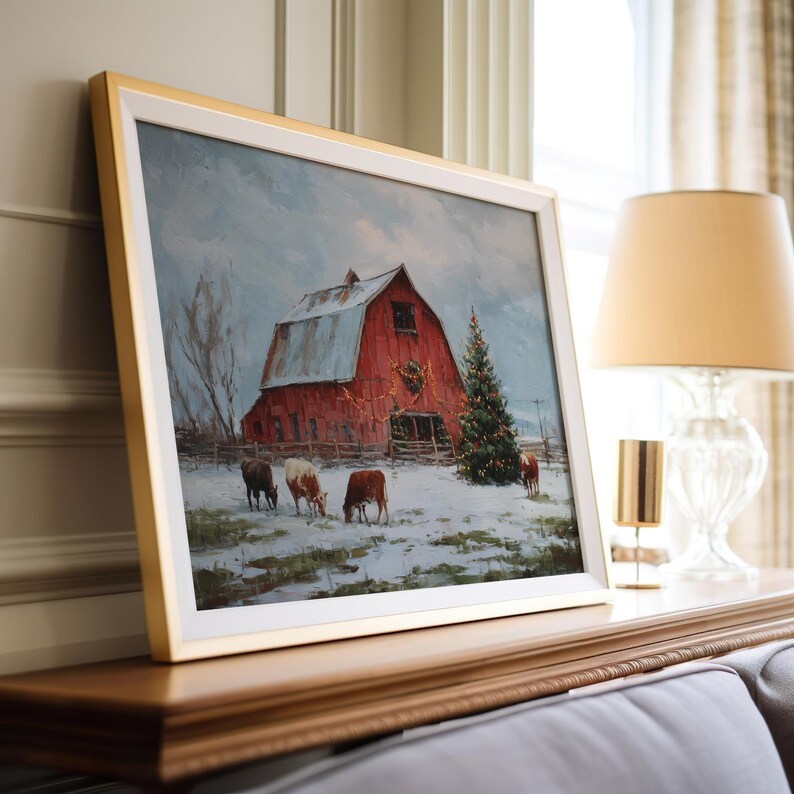 Rustic Red Barn Christmas Print, Farmhouse Winter Wall Art, Holiday Cow ...