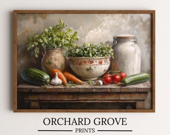 Country Kitchen Herbs Vintage Still Life Painting Moody Farmhouse Kitchen Decor Food Art Oil Painting Vegetables Print Veggie Printable 230