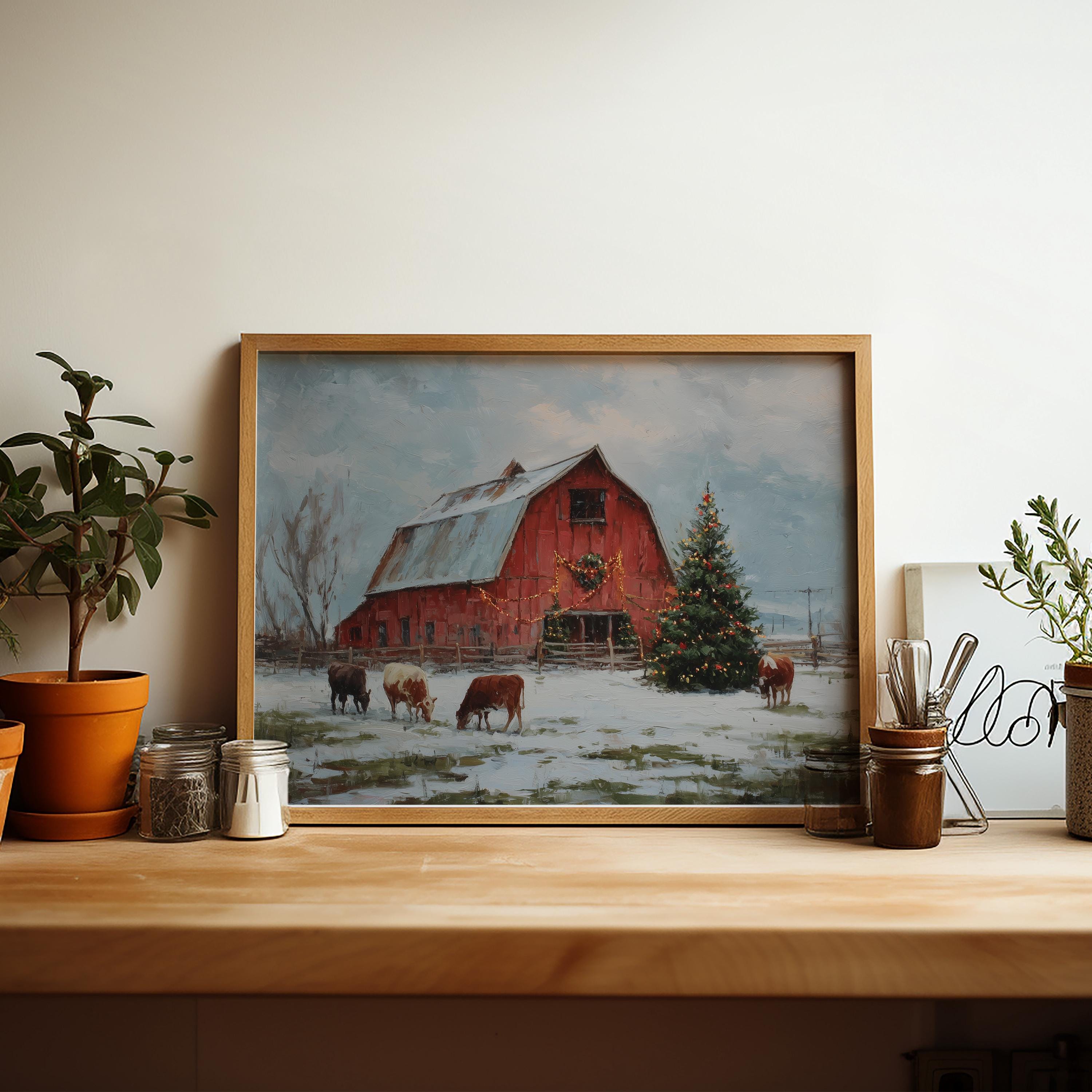Rustic Red Barn Christmas Print, Farmhouse Winter Wall Art, Holiday Cow ...